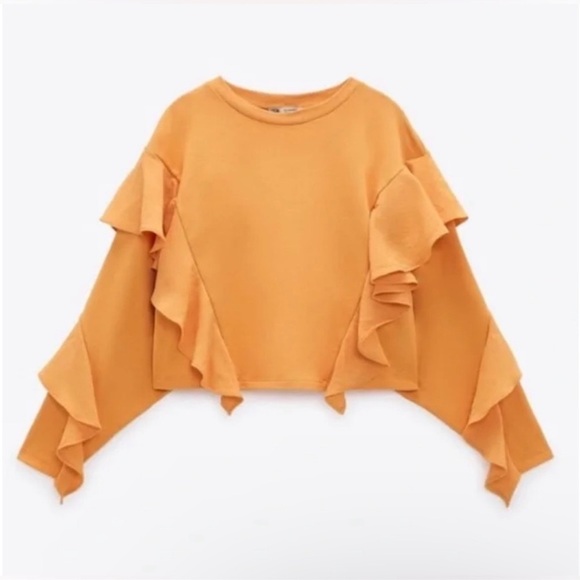 Zara Sweaters - Zara Ruffle Tiered Layered Long Sleeve Crop Top Orange Women’s Small Sweater